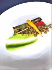 carrot and broccoli stem, lentils, leek sauce, spicy oil